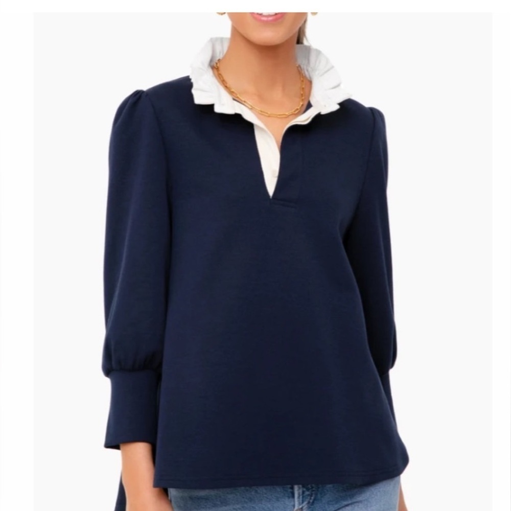 Pomander Place Classic Navy Blouse Charlotte Terry Ruffle Collar size XXL